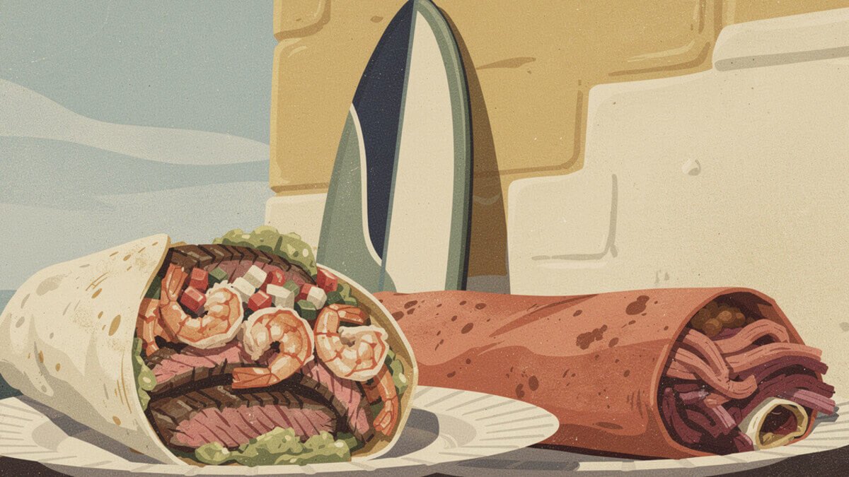 A surf and turf burrito with shrimp and carne asada next to an adobada burrito in San Diego