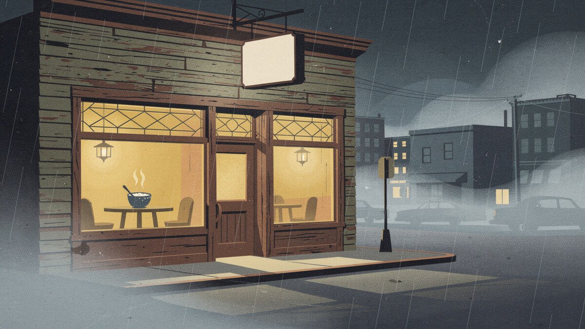 An old saloon-style San Francisco seafood restaurant glowing on a foggy night