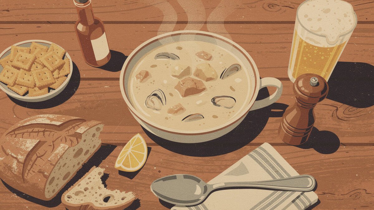 A cup of clam chowder with oyster crackers, sourdough, and hot sauce