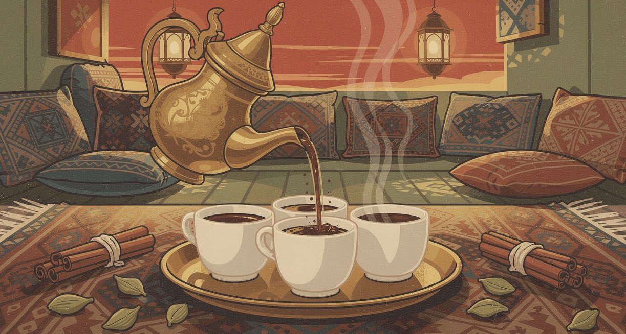 Yemeni coffee poured from a brass dallah with cardamom and cinnamon