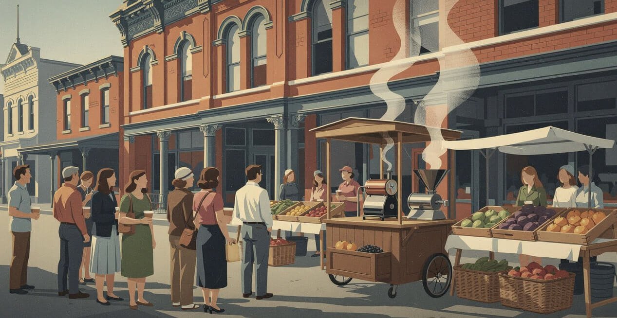 A coffee stand at a farmers market in Old Oakland