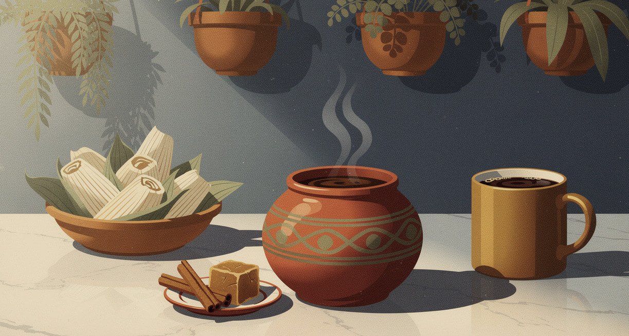Cafe de olla with cinnamon and piloncillo next to a pot of tamales