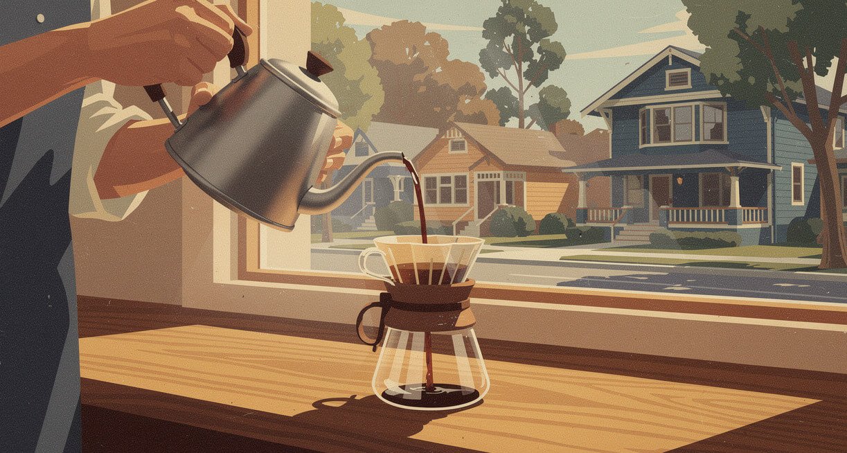 Pour-over coffee brewed to order in a Rockridge cafe window