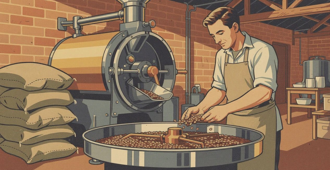 A small-batch coffee roaster cooling fresh beans in an Oakland roastery