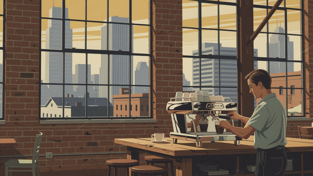 A barista pulling espresso in a brick Arts District cafe with the downtown Los Angeles skyline outside