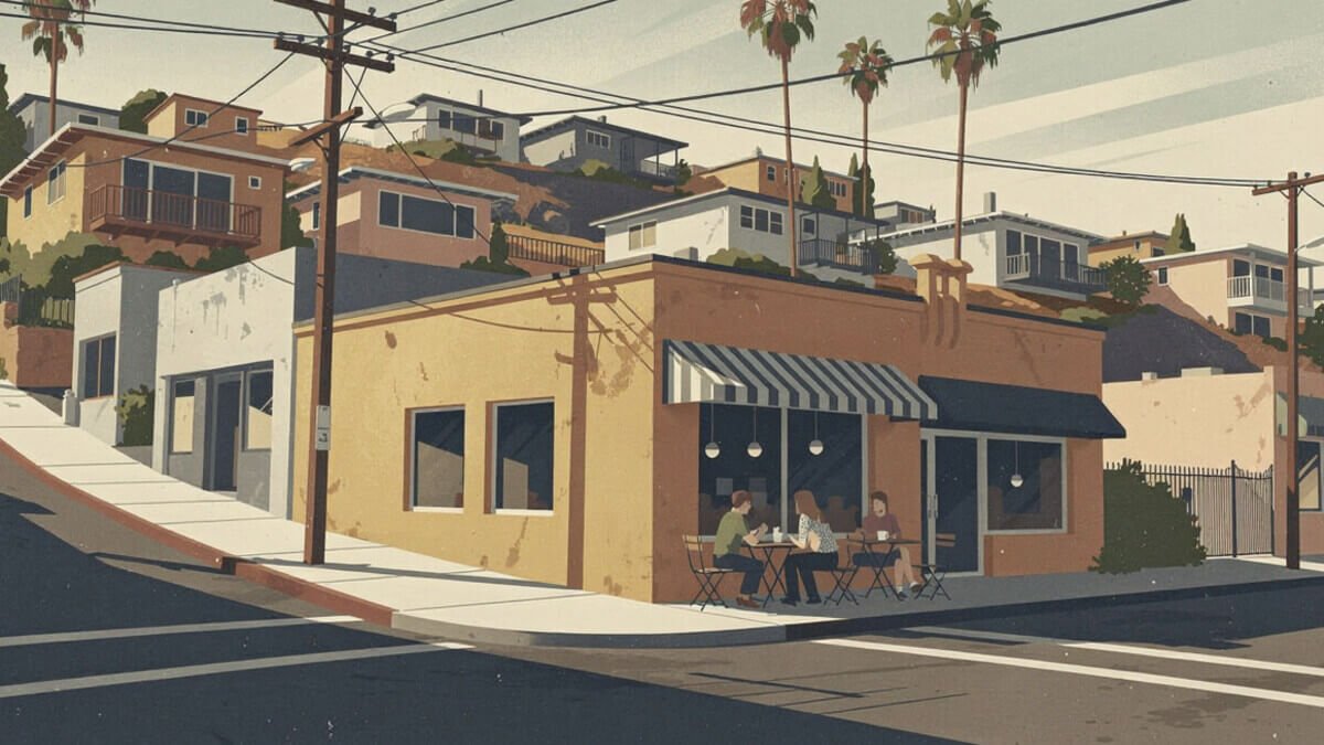 A corner coffee shop patio on a hilly Silver Lake street with houses stacked up the slope
