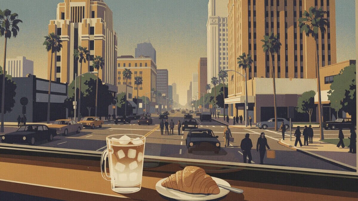 An iced latte and a croissant in a cafe window on Wilshire Boulevard in Koreatown