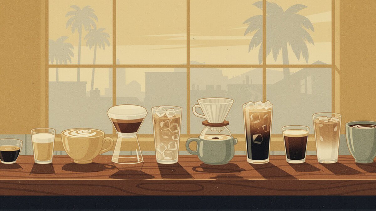 Espresso, cortado, latte, pour-over, and Vietnamese iced coffee lined up on a Los Angeles cafe counter