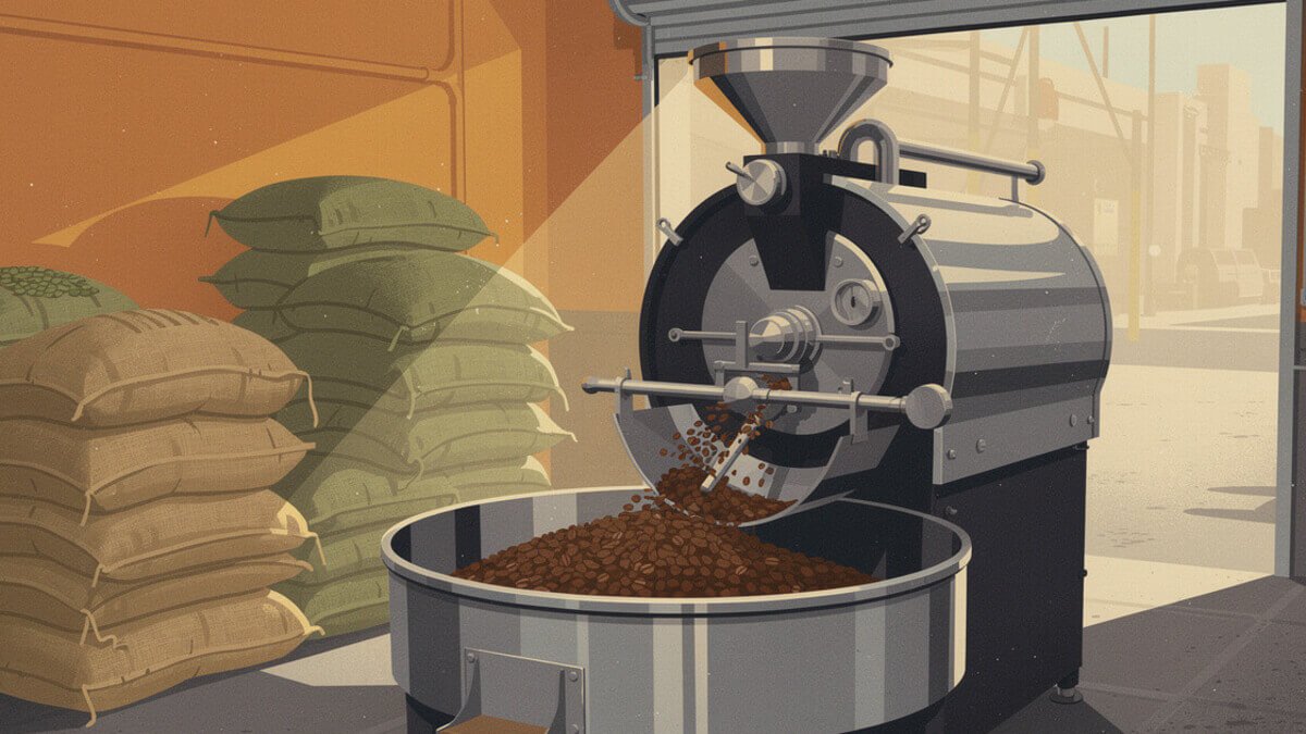 Freshly roasted coffee beans pouring into the cooling tray of a drum roaster in a Los Angeles roastery