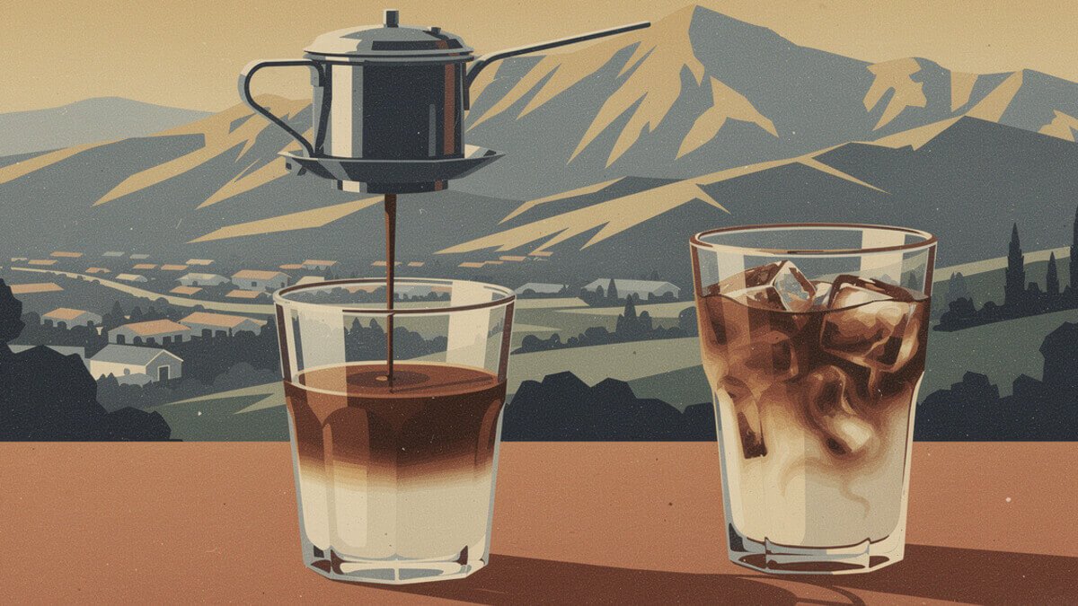A Vietnamese phin filter dripping coffee over condensed milk with the San Gabriel Mountains behind