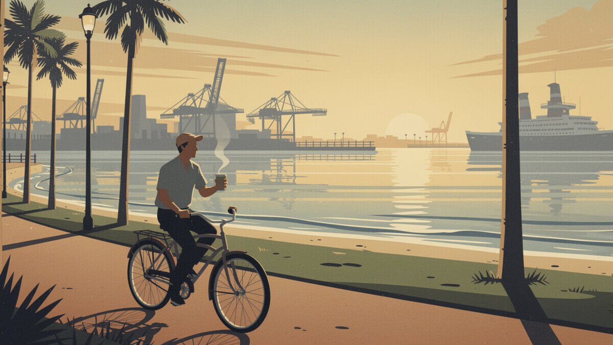 A cyclist with a coffee on the Long Beach shoreline path with harbor cranes across the water