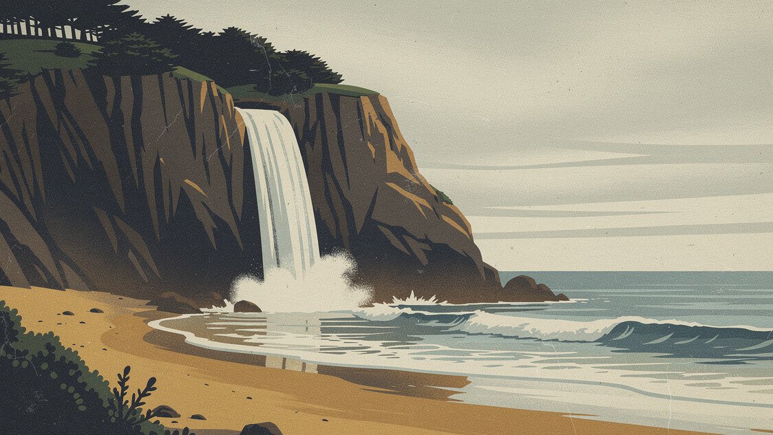 Alamere Falls pouring onto the beach at Point Reyes