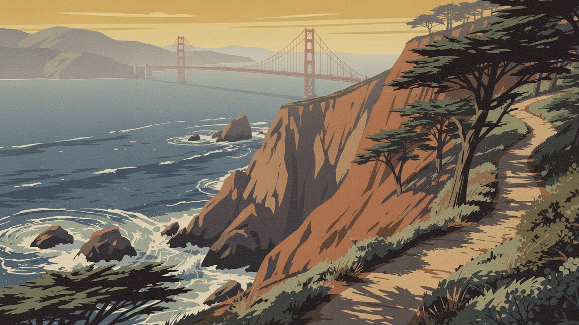 Lands End Coastal Trail in San Francisco with the Golden Gate in the distance