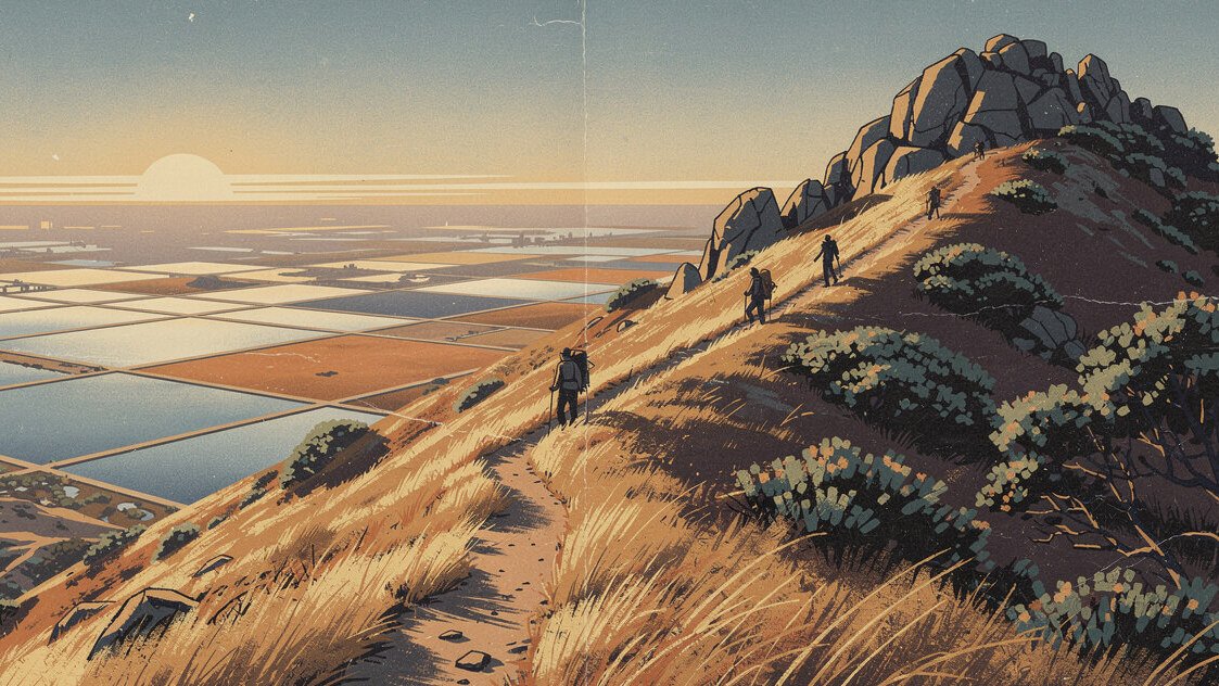 Hikers on the exposed ridge to Mission Peak above Fremont at sunrise