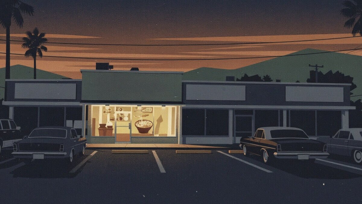A neighborhood pho shop in a San Jose strip mall at dusk