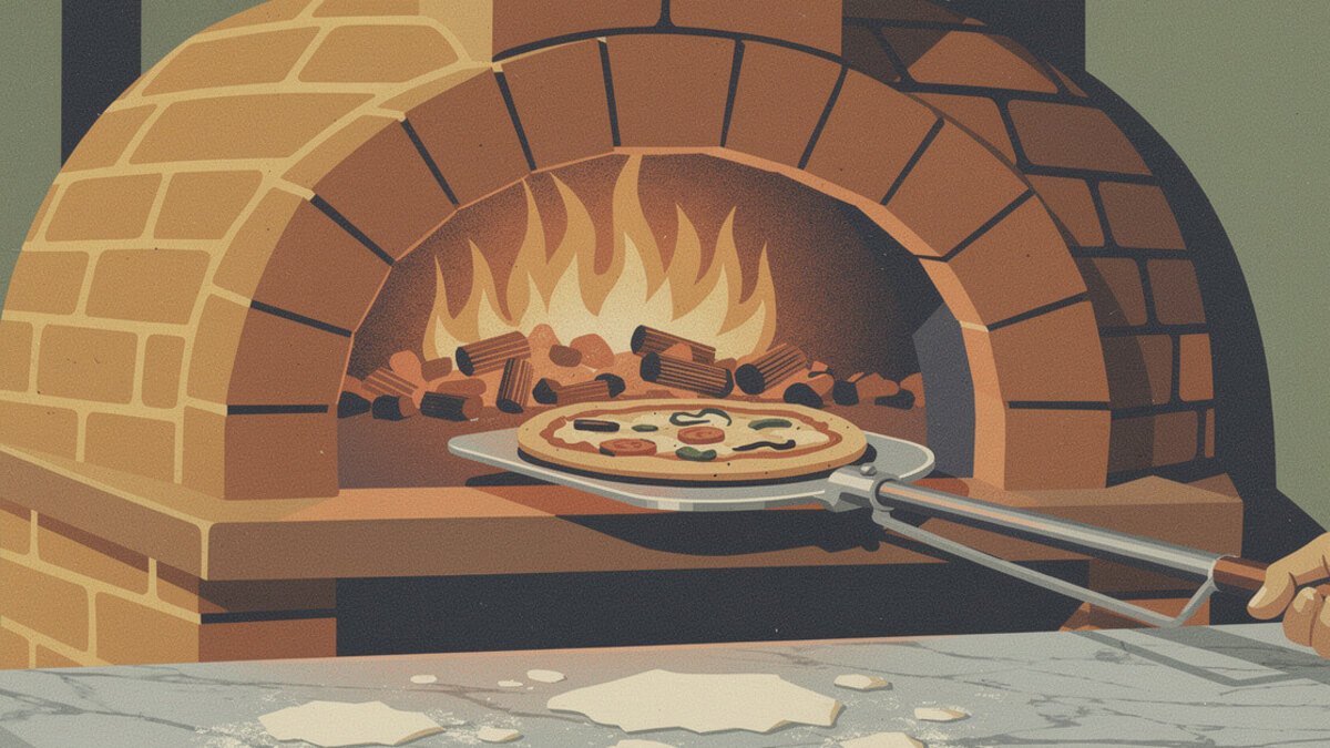 A pizza going into a wood-fired brick oven on a long peel
