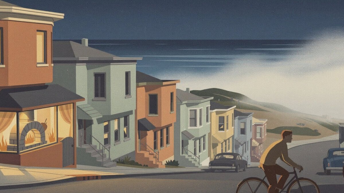 An Outer Sunset avenue running down to Ocean Beach in the fog, with a wood-fired oven glowing in a corner storefront