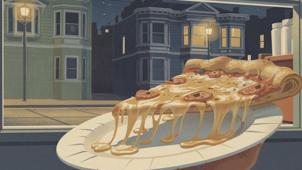 A New York-style pepperoni slice on a paper plate at a San Francisco takeout window