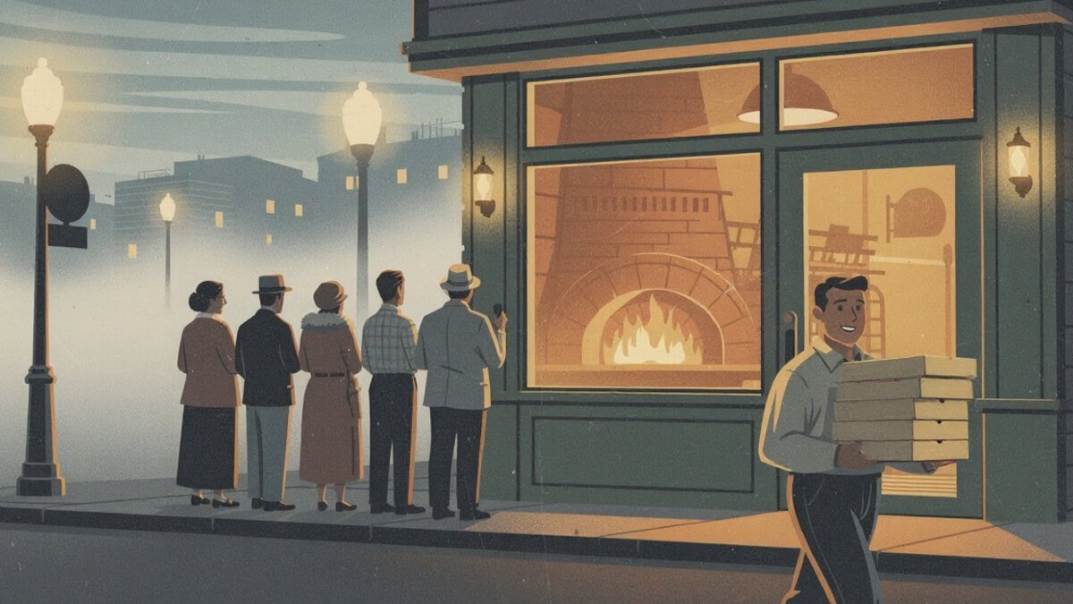 A line outside a San Francisco pizzeria on a foggy evening as a customer leaves with a stack of pizza boxes