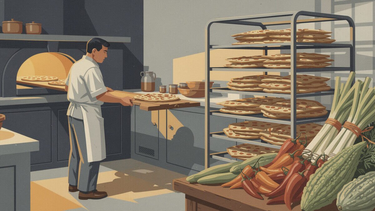 An Armenian bakery oven with lahmajoon and cracker bread beside Southeast Asian market produce