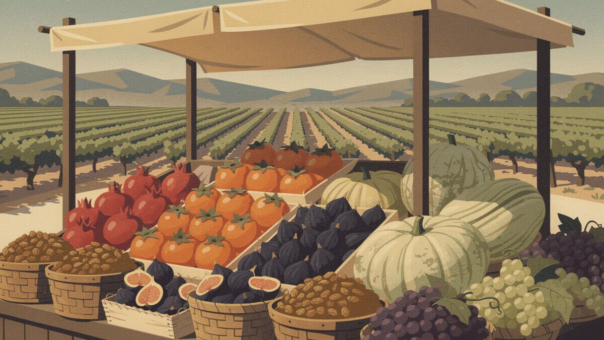 A Fresno farmers market stand with pomegranates, persimmons, figs, and squash in late October