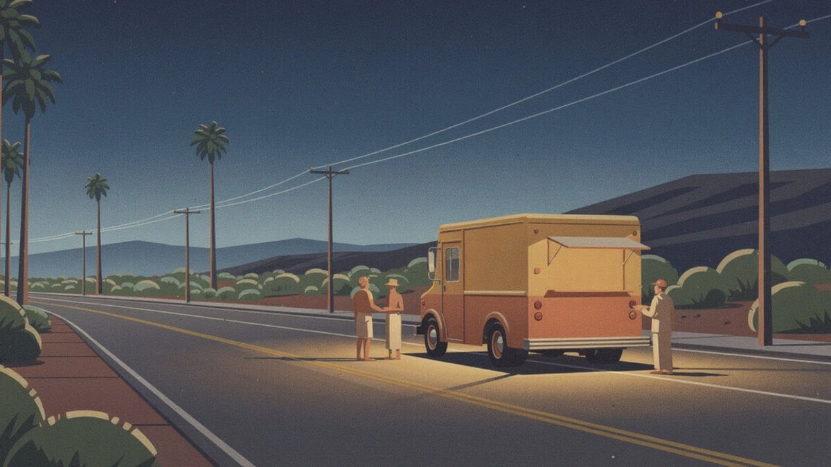 A taco truck on a Fresno boulevard at blue hour