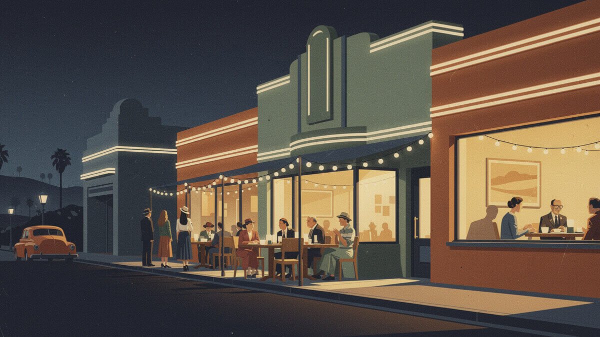 Diners at sidewalk tables on an art deco street at night in Fresno's Tower District