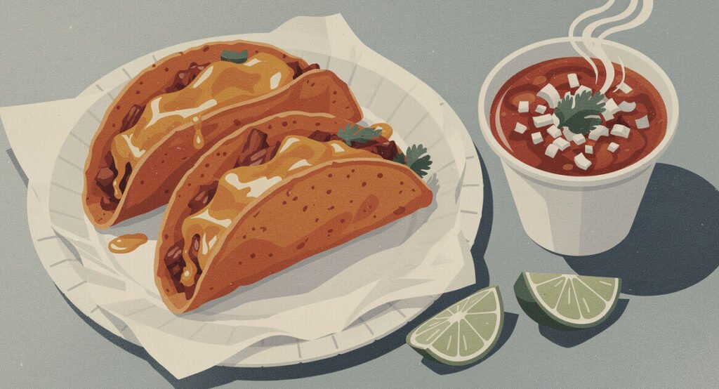 Birria quesatacos with a cup of consommé and lime