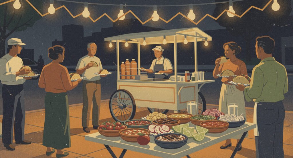 A nighttime Los Angeles taco stand with a salsa bar under string lights
