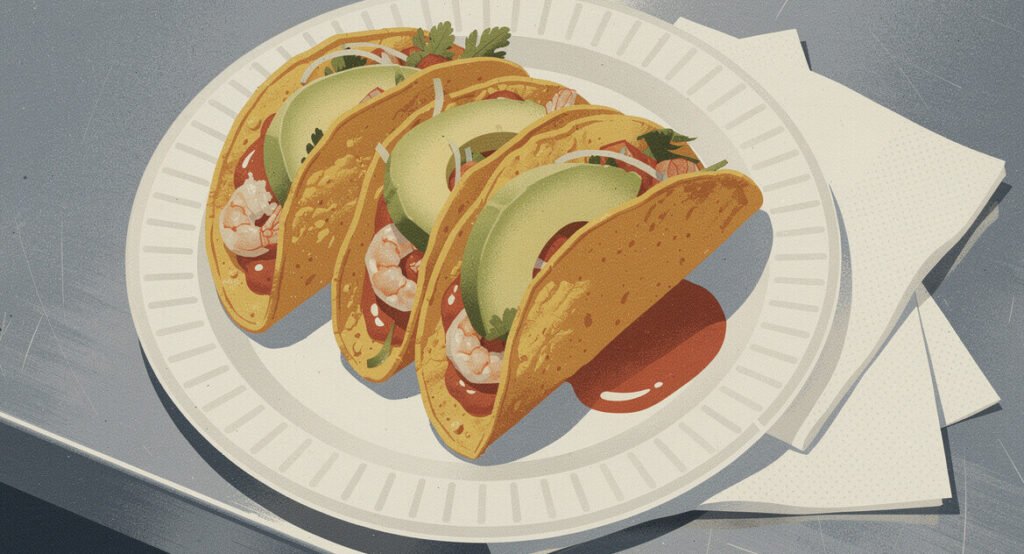 Crispy shrimp tacos with red salsa and avocado on a paper plate