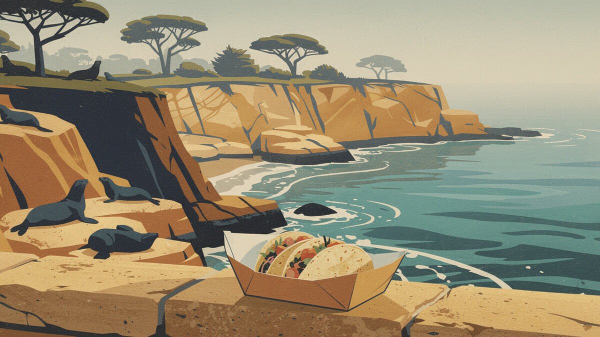 Tacos on the wall above La Jolla Cove with sea lions on the rocks
