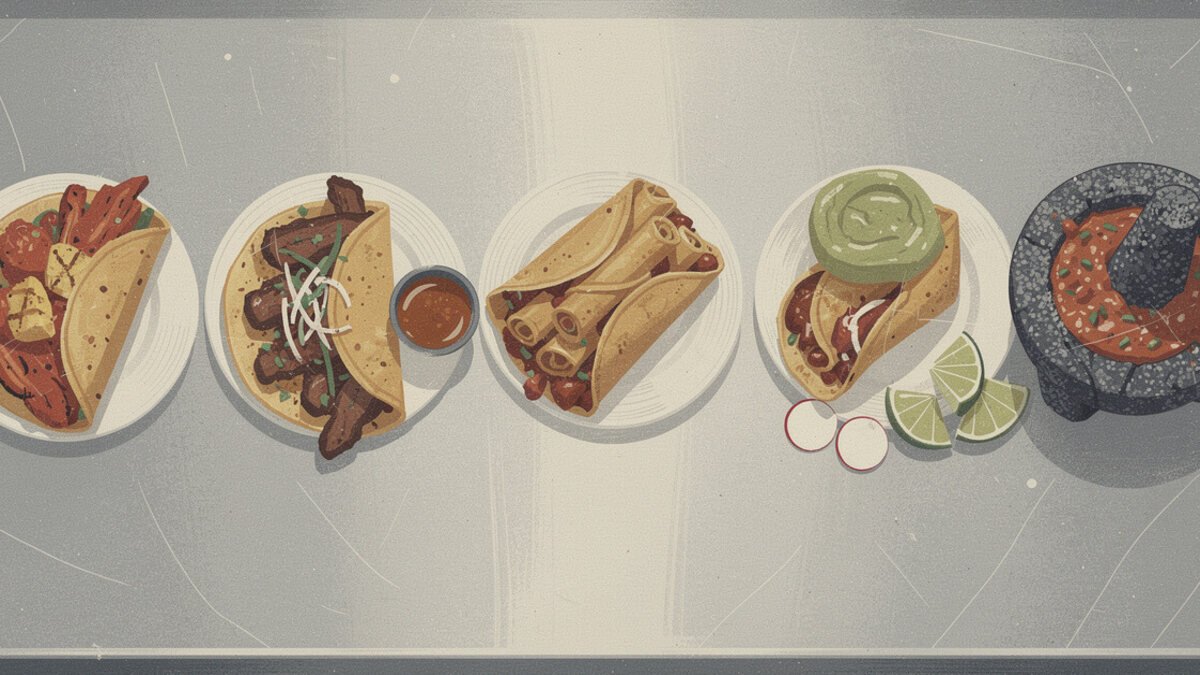 A row of San Diego street tacos: adobada, carne asada, rolled tacos, and birria