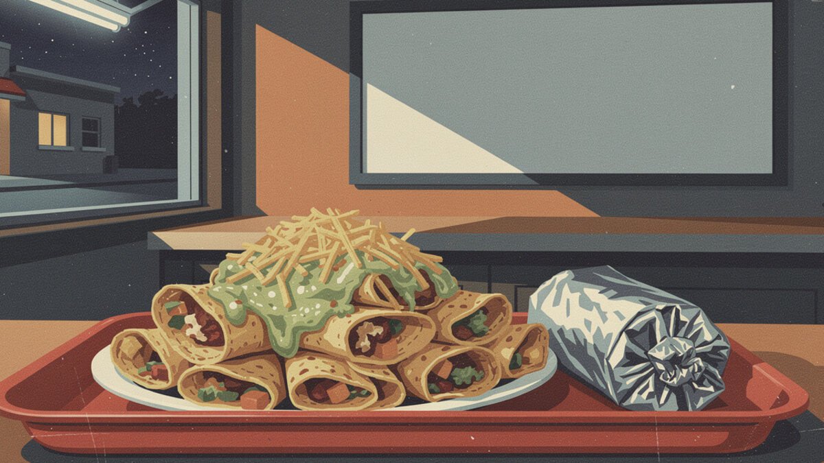 Rolled tacos under guacamole and cheese at a San Diego taco shop