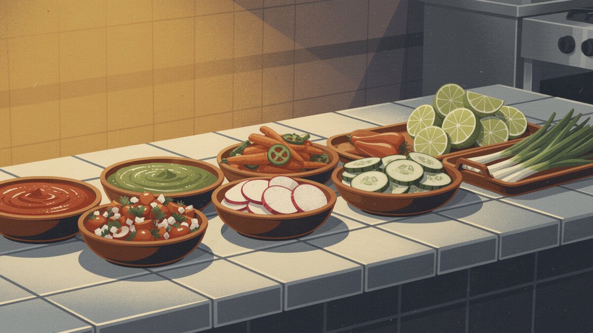 Salsa bar with radishes, pickled carrots, cucumber, and grilled green onions at a San Diego taqueria