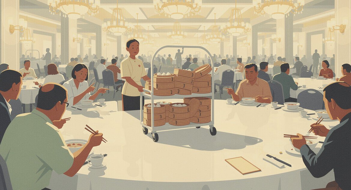 A dim sum cart rolling between banquet tables in a San Francisco dining room