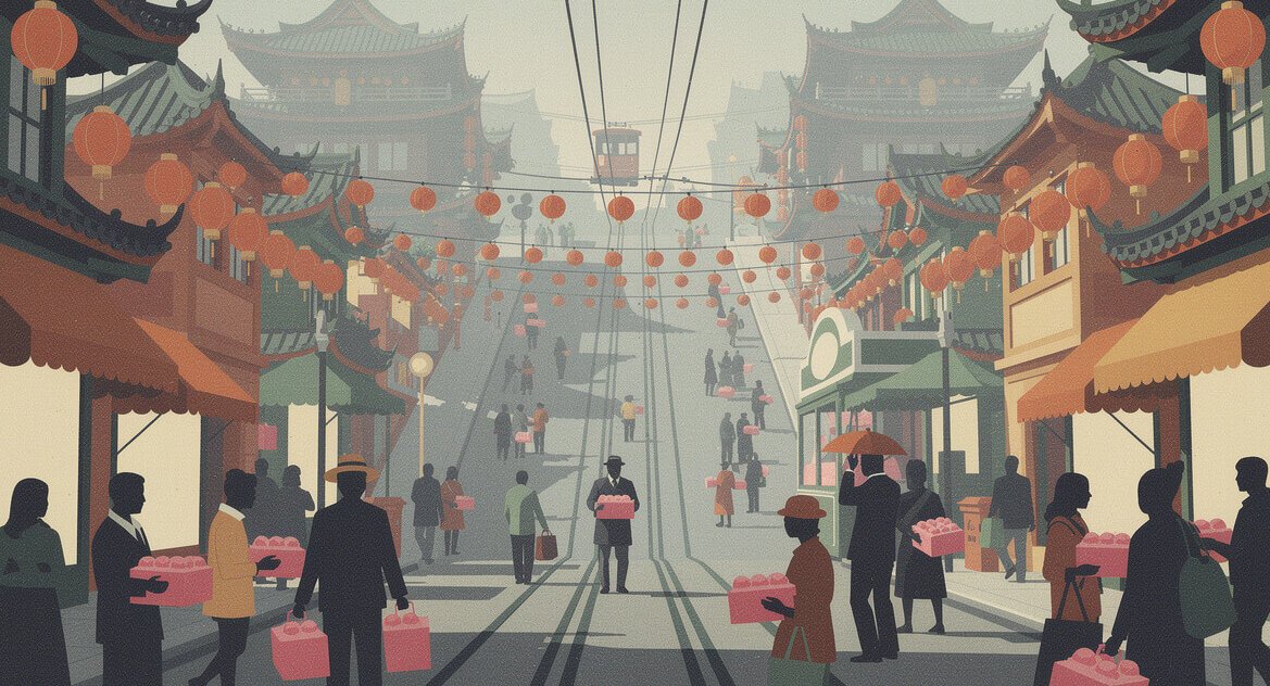 San Francisco Chinatown street under red lanterns with pink pastry boxes