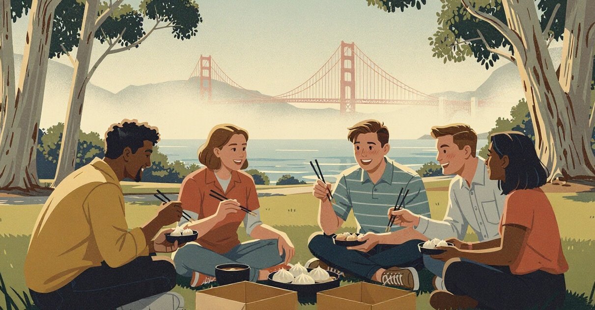 Friends eating takeout dim sum on the grass with the Golden Gate Bridge in the fog