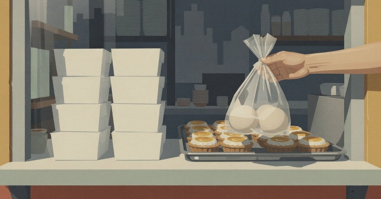 A San Francisco takeout dim sum counter with egg tarts and to-go boxes