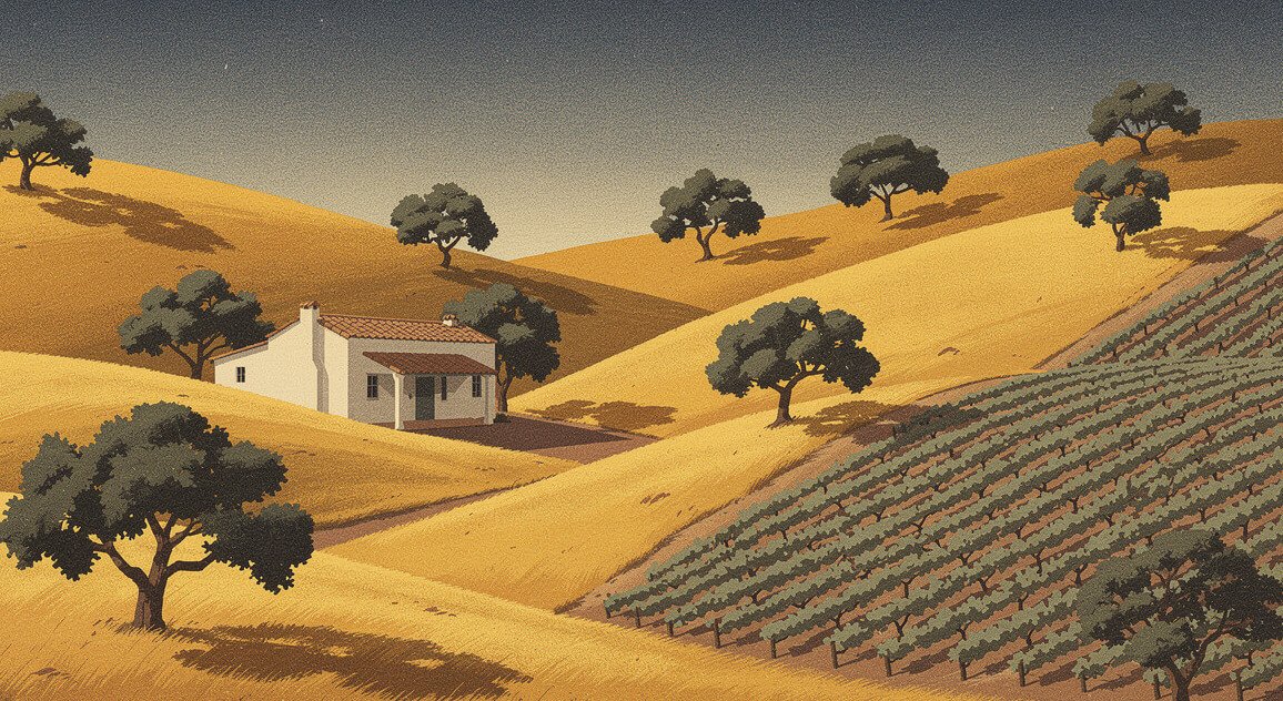 Oak-dotted hills and hillside vineyard in the Clements Hills east of Lodi