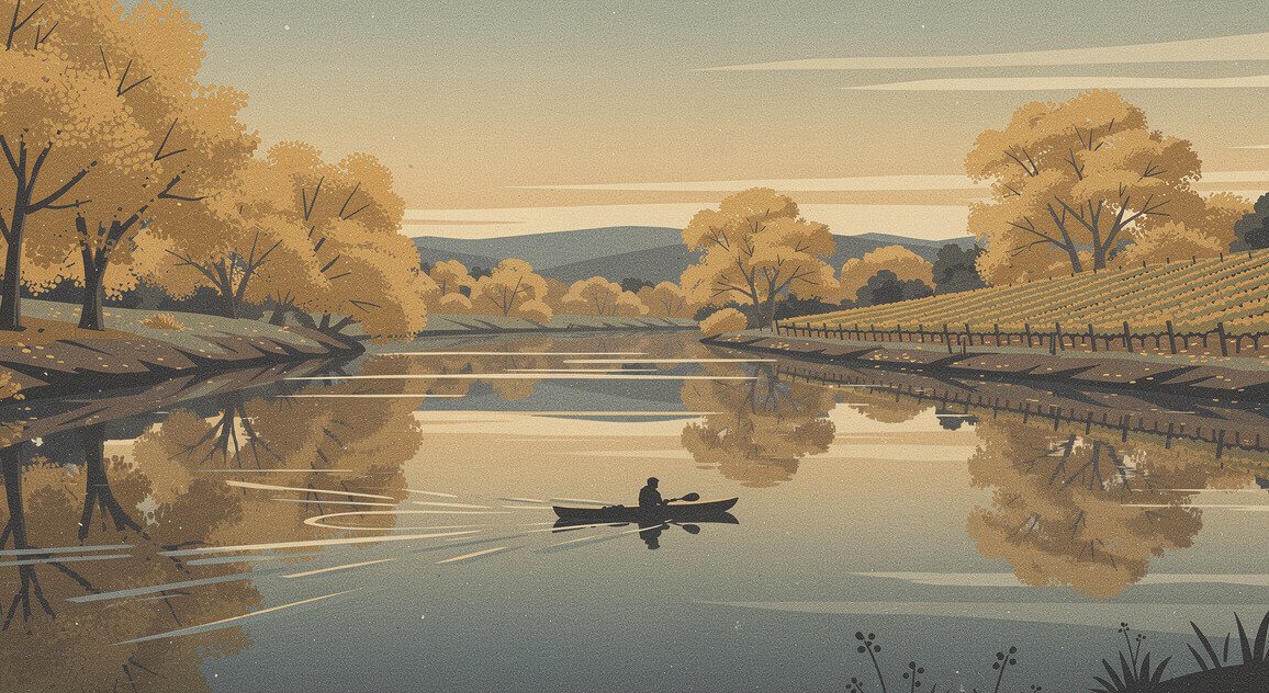 The Mokelumne River near Lodi in autumn with vineyards on the bank