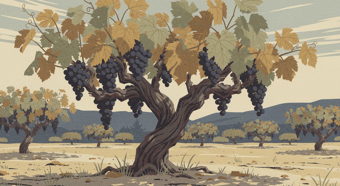 Ancient head-trained zinfandel vine heavy with grapes in a Lodi vineyard