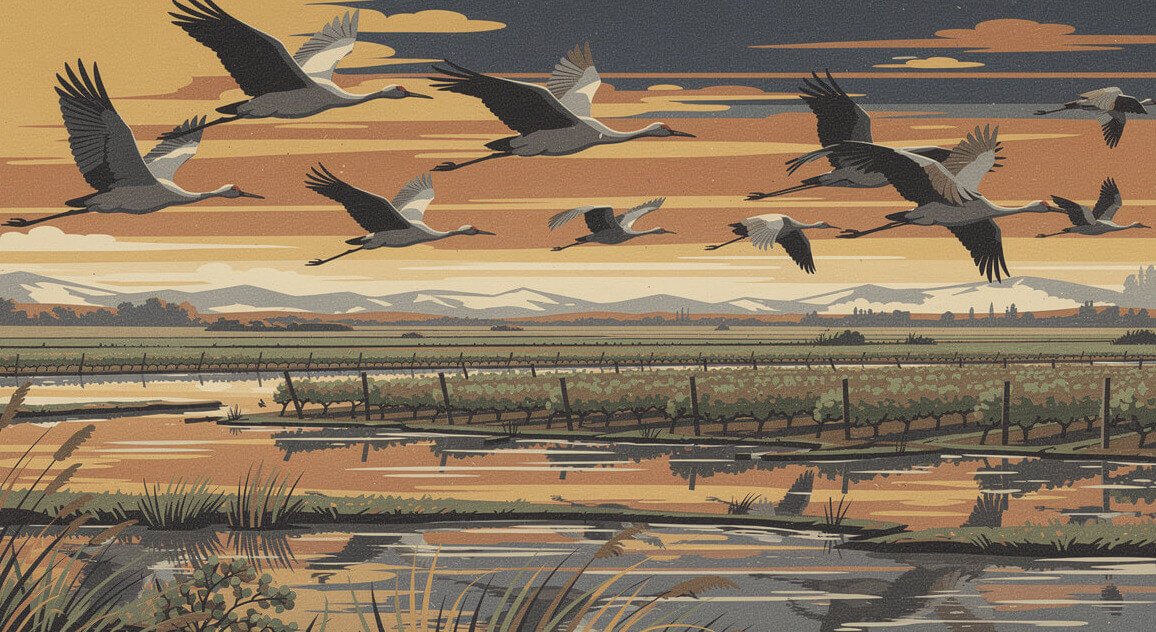 Sandhill cranes flying over wetlands and vineyards near Lodi at sunset