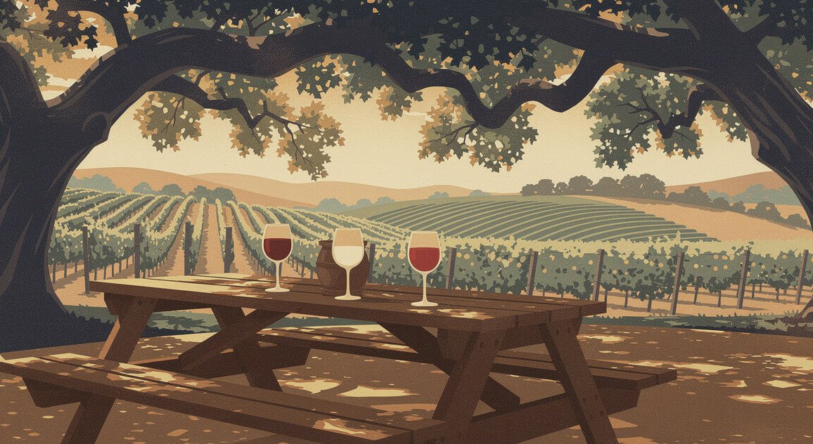 best wineries in Lodi: a shaded picnic table and wine glasses under valley oaks