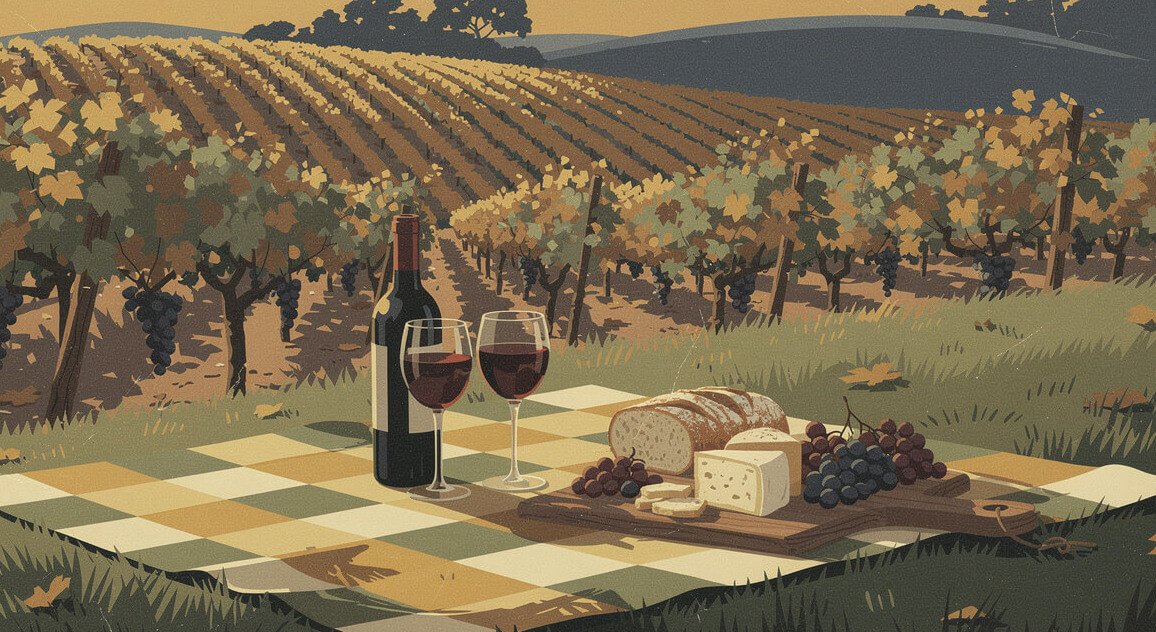 A picnic of bread, cheese, grapes, and red wine beside a Lodi vineyard