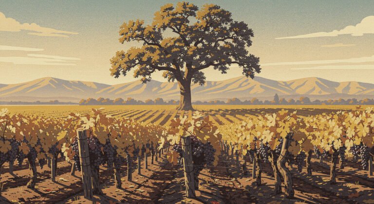 Lodi wineries in October: old-vine zinfandel rows at harvest under a valley oak