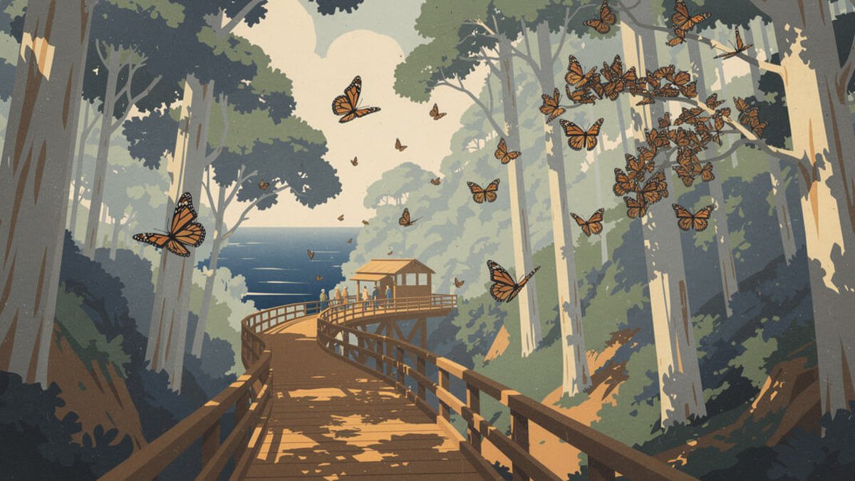 Boardwalk into the eucalyptus Monarch Grove at Natural Bridges State Beach in Santa Cruz
