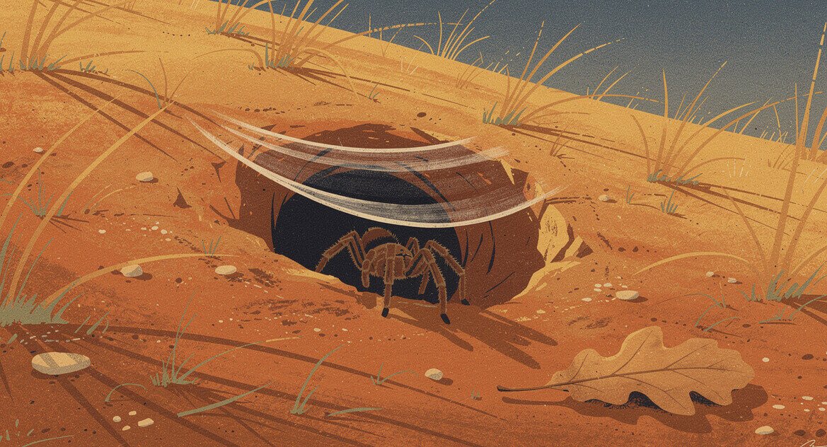 A tarantula burrow entrance veiled in silk on a dry hillside