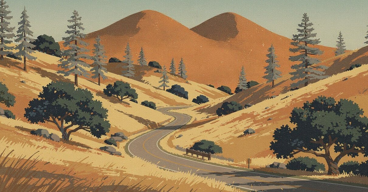 Golden oak hills and a winding park road below Mount Diablo's double summit in fall