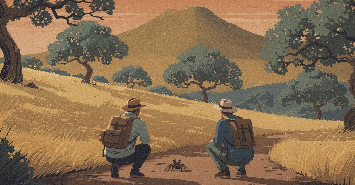 Two hikers crouching at a distance to watch a tarantula cross a trail