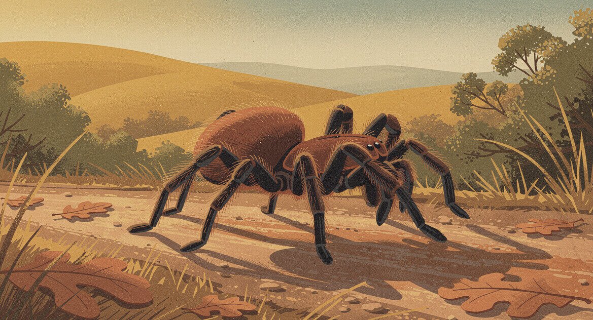 A male California tarantula walking across a dry trail in late afternoon